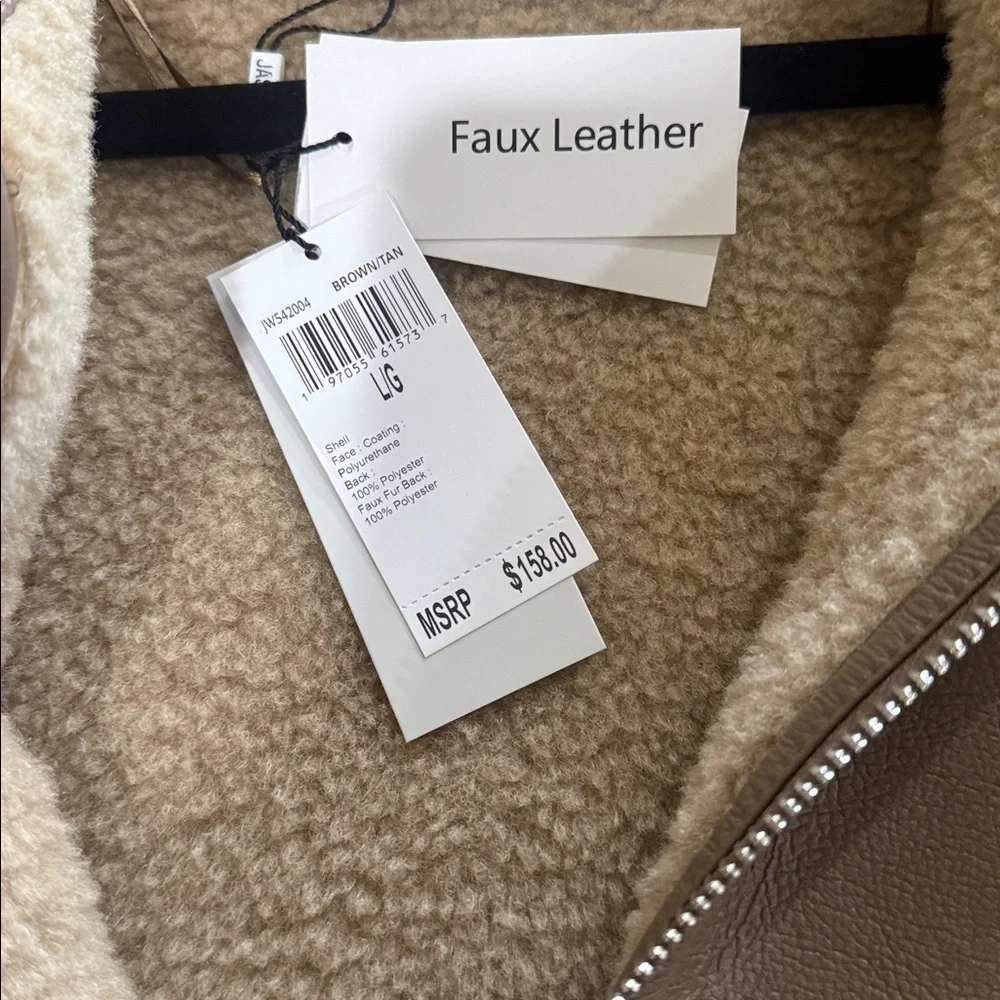 NWT JASON WU Faux Shearling Collar Faux Leather Coat Brown / Tan